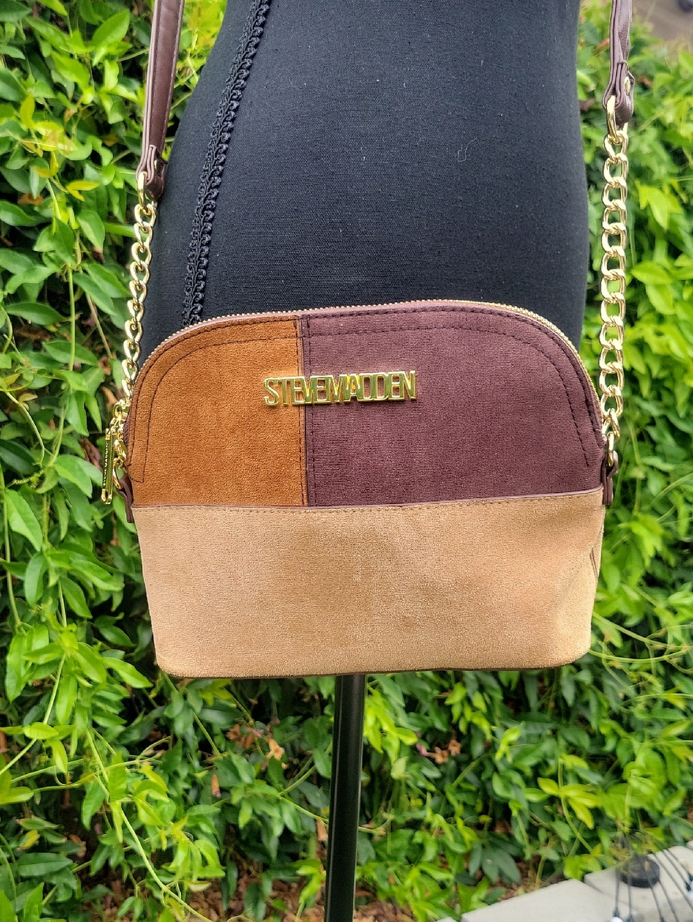 Brown and Tan Patchwork Crossbody Bag With Chain Detail Strap